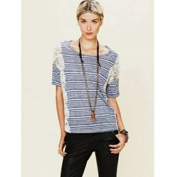 Free People We the Free Blue Stripe Battenburg Lace Short Sleeve Top S - Picture 1 of 6